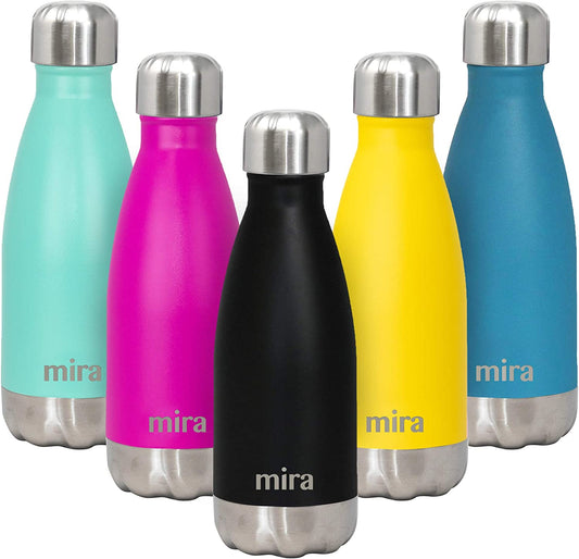 12 Oz Insulated Water Bottle - Slim Stainless Steel Cola Shape Thermos - Double Wall Hot & Cold Flask (24Hr Cold/12Hr Hot) - Black
